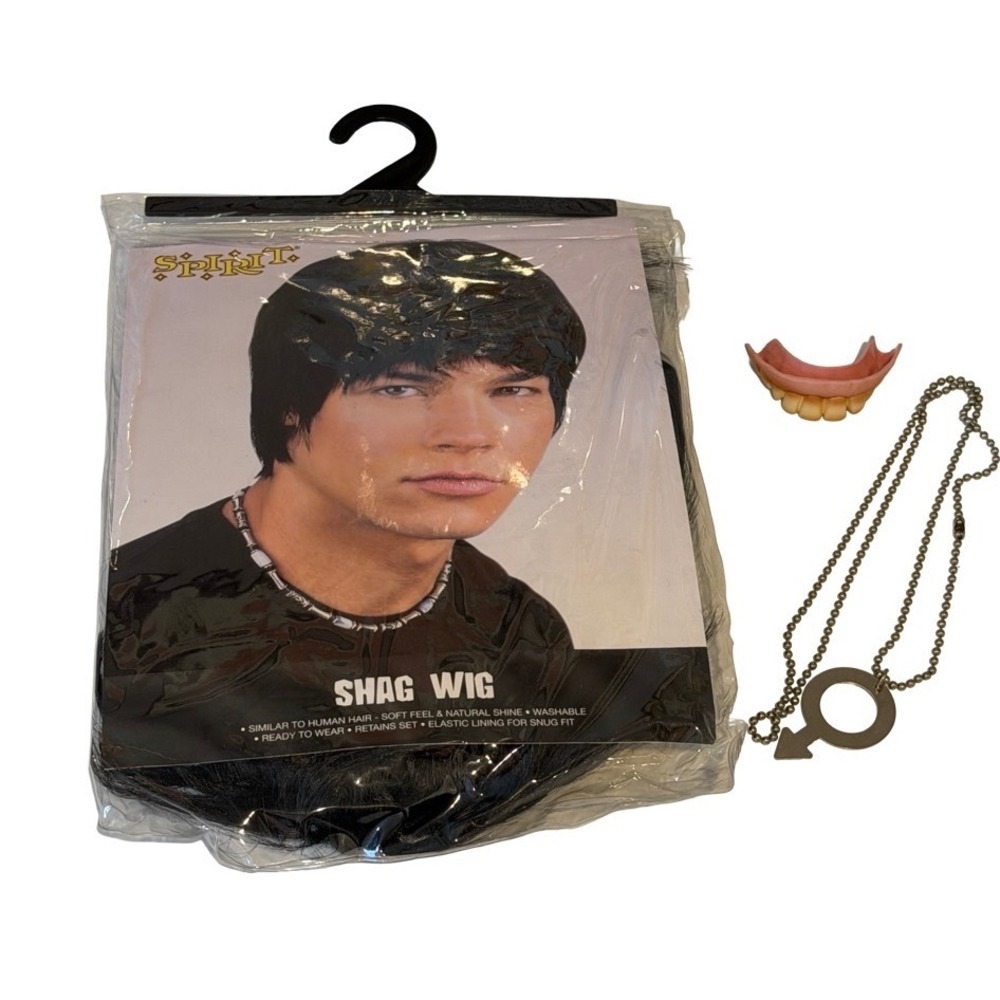 Spirit Halloween Black Shag Wig Costume Set Necklace Teeth Austin Powers Style